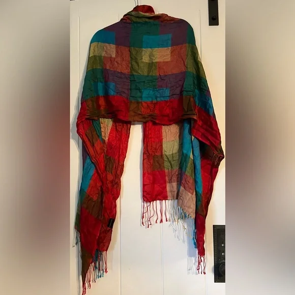 Water Pashmina Multicolored Check Pattern Scarf Shawl - Picture 2 of 4